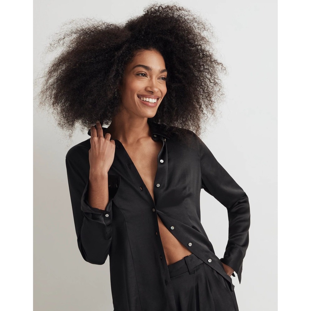 Madewell Black Satin Button-Down Shirt